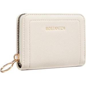imageBOSTANTEN Credit Card Holder RFID Leather Small Wallets Woman Accordion Zipper Card Wallet BeigeBeige