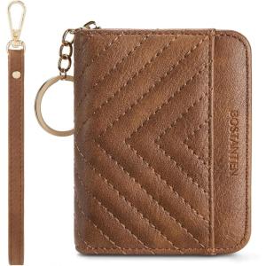 imageBOSTANTEN Credit Card Holder Wallet RFID Blocking Leather Small Wallet for Women Zipper Keychain Wallet with Wristlet BlackBrown