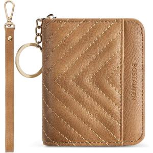 imageBOSTANTEN Credit Card Holder Wallet RFID Blocking Leather Small Wallet for Women Zipper Keychain Wallet with Wristlet BlackCamel