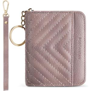 imageBOSTANTEN Credit Card Holder Wallet RFID Blocking Leather Small Wallet for Women Zipper Keychain Wallet with Wristlet BlackPurple