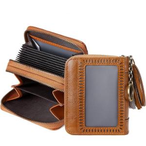 imageBOSTANTEN Credit Card Holder Wallet RFID Blocking Leather Small Wallet for Women Zipper Keychain Wallet with Wristlet BlackTasselBrown
