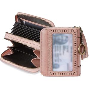 imageBOSTANTEN Credit Card Holder Wallet RFID Blocking Leather Small Wallet for Women Zipper Keychain Wallet with Wristlet BlackTasselPink