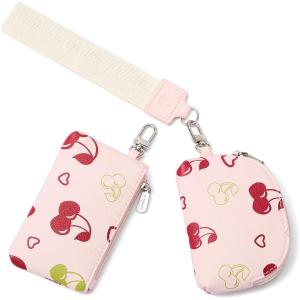 imageBOSTANTEN Keychain Wallet RFID Leather Credit Card Holder Wristlet Wallets for Women with Coin Purse  Lipstick Case BeigeBrownACherry Print