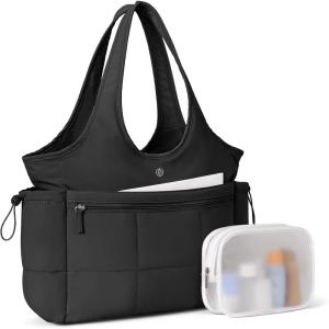 imageBOSTANTEN Puffer Tote Bag for Women Travel Tote Bag with Trolley Sleeve Lightweight Quilted Laptop Nurse Bag with ZipperBlack