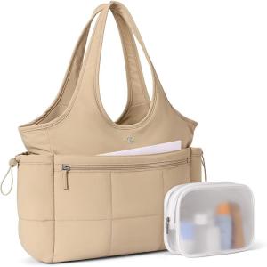 imageBOSTANTEN Puffer Tote Bag for Women Travel Tote Bag with Trolley Sleeve Lightweight Quilted Laptop Nurse Bag with ZipperKhaki