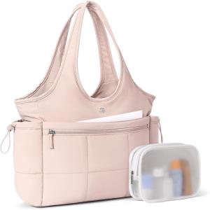 imageBOSTANTEN Puffer Tote Bag for Women Travel Tote Bag with Trolley Sleeve Lightweight Quilted Laptop Nurse Bag with ZipperPink