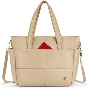 imageBOSTANTEN Puffer Tote Bag for Women Travel Tote Bag with Trolley Sleeve Lightweight Quilted Laptop Nurse Bag with ZipperPuffer Khaki