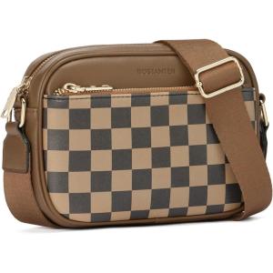 imageBOSTANTEN Quilted Crossbody Bags for Women Vegan Leather Purses Small Shoulder Handbags with Wide StrapCheckered Coffee