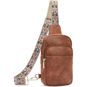 imageBOSTANTEN Sling Bag Quilted Crossbody Bags for Women Cross Body Purse Leather Fanny Pack with Adjustable Guitar StrapAbrown