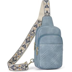 imageBOSTANTEN Sling Bag Quilted Crossbody Bags for Women Cross Body Purse Leather Fanny Pack with Adjustable Guitar StrapAlight Blue