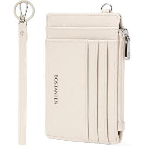 imageBOSTANTEN Small Wallet For Women RFID Leather Credit Card Holder Slim Wristlet Keychain Wallet With Zipper PocketBeige