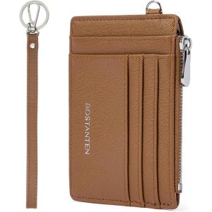 imageBOSTANTEN Small Wallet For Women RFID Leather Credit Card Holder Slim Wristlet Keychain Wallet With Zipper PocketBrown