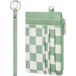 imageBOSTANTEN Small Wallet For Women RFID Leather Credit Card Holder Slim Wristlet Keychain Wallet With Zipper PocketCheckered Green