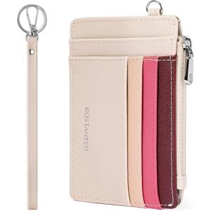 imageBOSTANTEN Small Wallet For Women RFID Leather Credit Card Holder Slim Wristlet Keychain Wallet With Zipper PocketRRainbow Pink