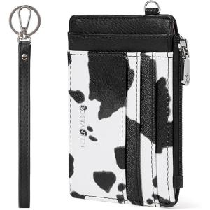 imageBOSTANTEN Small Wallet For Women RFID Leather Credit Card Holder Slim Wristlet Keychain Wallet With Zipper PocketRWhite Cow Print