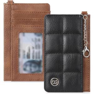imageBOSTANTEN Small Wallet For Women RFID Leather Credit Card Holder Slim Wristlet Keychain Wallet With Zipper PocketXBlack and Brown
