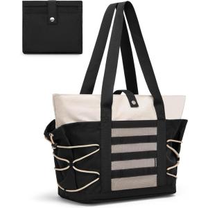imageBOSTANTEN Travel Tote Bags for Women Foldable Beach Bag Waterproof Zipper Gym Sports Shopping Bag Trolley SleeveAblack With Offwhite