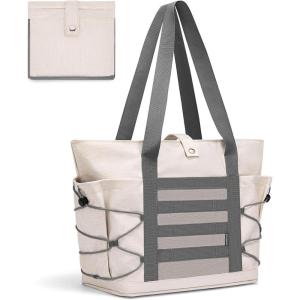 imageBOSTANTEN Travel Tote Bags for Women Foldable Beach Bag Waterproof Zipper Gym Sports Shopping Bag Trolley SleeveAoffwhite With Gray