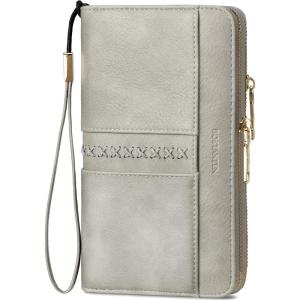 imageBOSTANTEN Wallets for Women Leather RFID Double Zipper Around Credit Card Holder Large Capacity Wristlet Clutch WalletCloud Gray