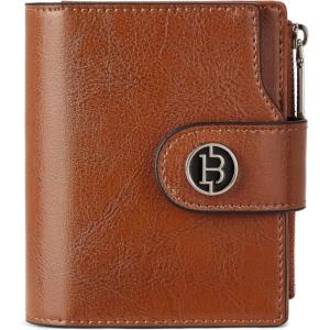 imageBOSTANTEN Women Leather Wallet Small RFID Blocking Bifold Zipper Pocket Wallet Card Case with ID Window BlackBeige1Brown