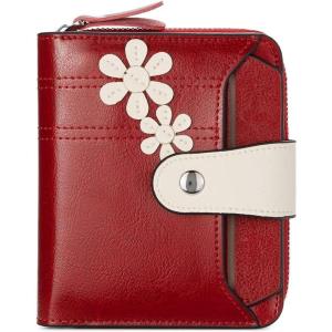 imageBOSTANTEN Women Leather Wallet Small RFID Blocking Bifold Zipper Pocket Wallet Card Case with ID Window BlackBeige3floral Red