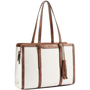imageBOSTANTEN Laptop Tote Bag for Women Work Bag Professional 156 inch Leather Briefcase Business Office Purse Shoulder BagsBeige With Brown