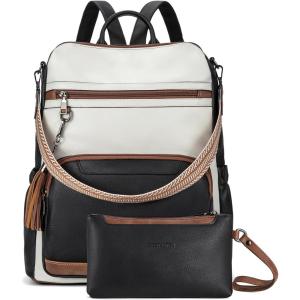 imageBOSTANTEN Leather Laptop Backpack for Women Designer Travel Backpack with Laptop Compartment Ladies Computer Shoulder Bags BlackBeigeBrownBlackbeigebrown