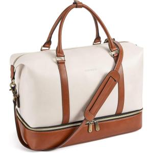 imageBOSTANTEN Weekender Bags for Women Leather Travel Duffle Bag Carry On Overnight Duffel with Shoe Compartment BeigeampampBrownABeigeBrown