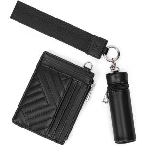 imageBOSTANTEN Small Wallet Checkered Wristlet Wallets for Women RFID Detachable Dual Pouch Keychain Wristlet Wallet Cute Coin Purse Black and WhiteBlack