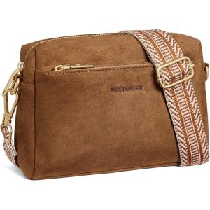 imageBOSTANTEN Small Crossbody Purse for Women Triple Zip Cell Phone Leather Handbag with Colored Shoulder StrapSuede Brown