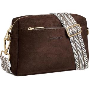 imageBOSTANTEN Small Crossbody Purse for Women Triple Zip Cell Phone Leather Handbag with Colored Shoulder StrapSuede Coffee