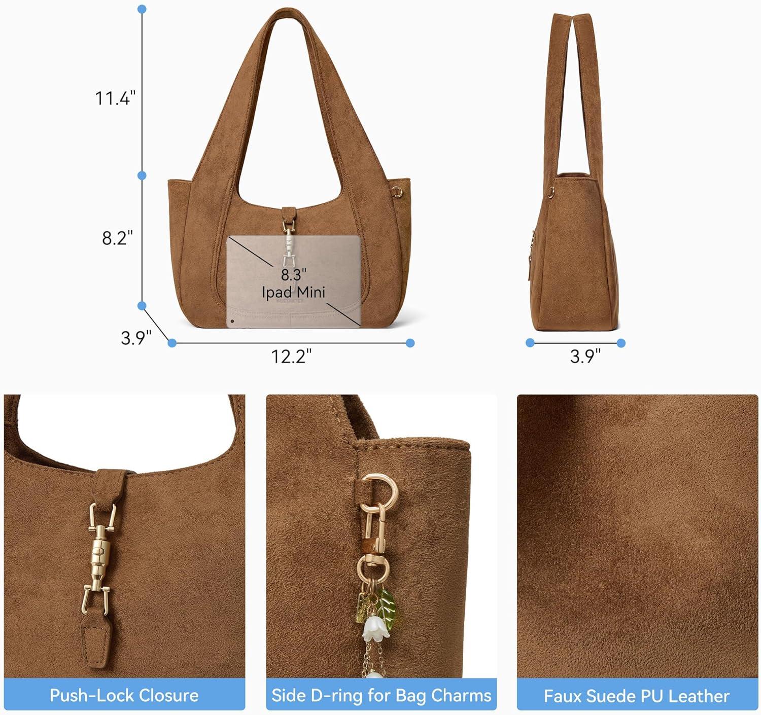 imageBOSTANTEN Vintage Shoulder Bag for Women Suede Leather Tote Bag Ladies Lightweight Dumpling Handbag for Work Date TravelSuede Brown