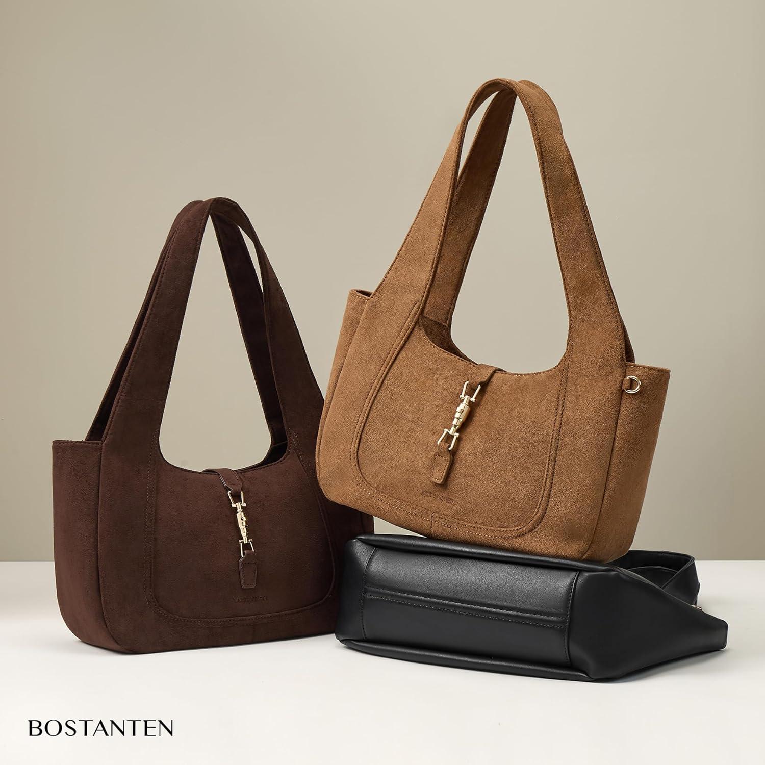 imageBOSTANTEN Vintage Shoulder Bag for Women Suede Leather Tote Bag Ladies Lightweight Dumpling Handbag for Work Date TravelSuede Brown