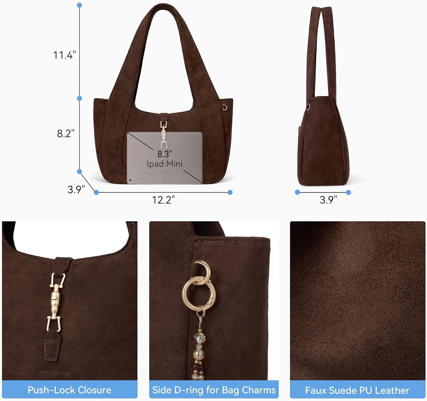 imageBOSTANTEN Vintage Shoulder Bag for Women Suede Leather Tote Bag Ladies Lightweight Dumpling Handbag for Work Date TravelSuede Coffee