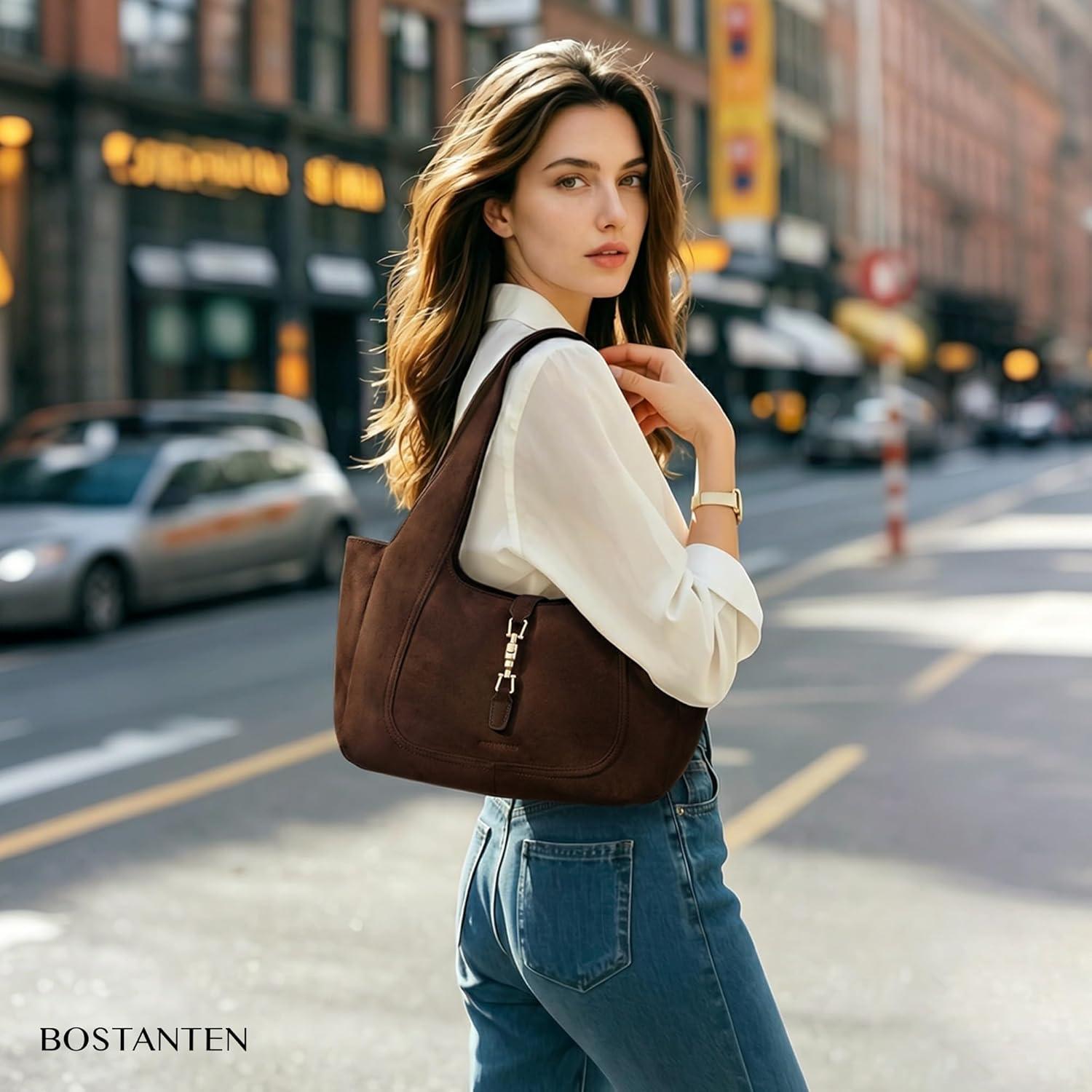 imageBOSTANTEN Vintage Shoulder Bag for Women Suede Leather Tote Bag Ladies Lightweight Dumpling Handbag for Work Date TravelSuede Coffee