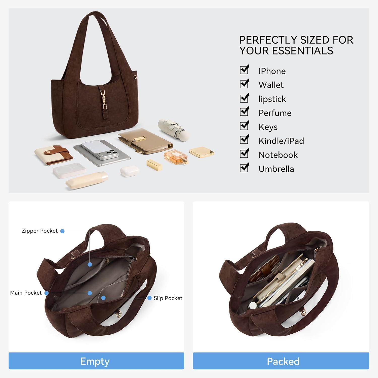 imageBOSTANTEN Vintage Shoulder Bag for Women Suede Leather Tote Bag Ladies Lightweight Dumpling Handbag for Work Date TravelSuede Coffee