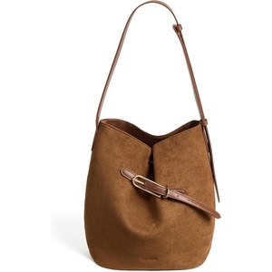 image:imageBOSTANTEN Suede Bucket Bag Soft Shoulder Purse Women Adjustable Strap  Soft suede Slouchy Front belted design Multi carrying style Roomy Lighweight Commute Dating WeekendBrown