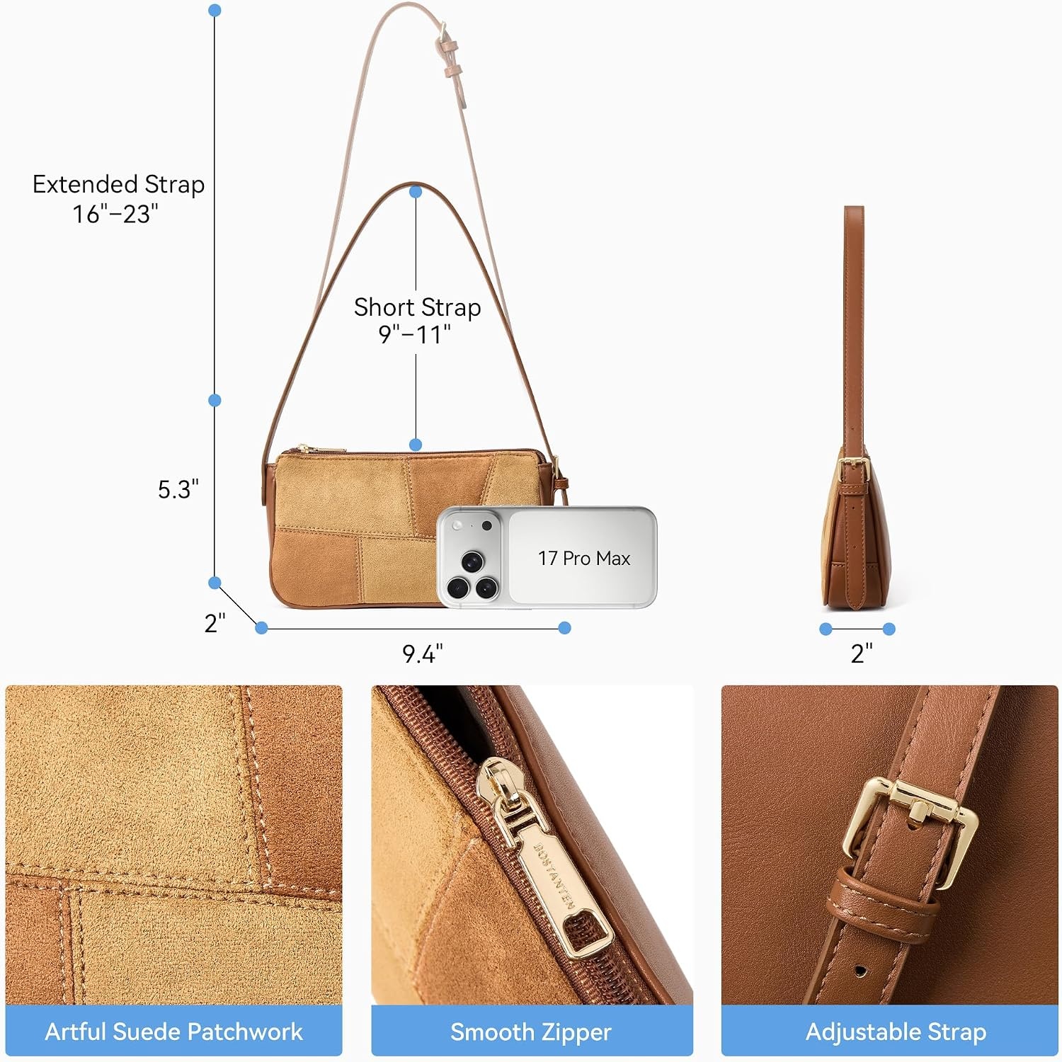 image:imageBOSTANTEN Patchwork Shoulder Bag for Women Y2K Small Purses Handbag  Soft Suede LeatherLightweightVintage StyleSmooth ZipperAdjustable Strapfor Weekends CommutingApricot With Brown