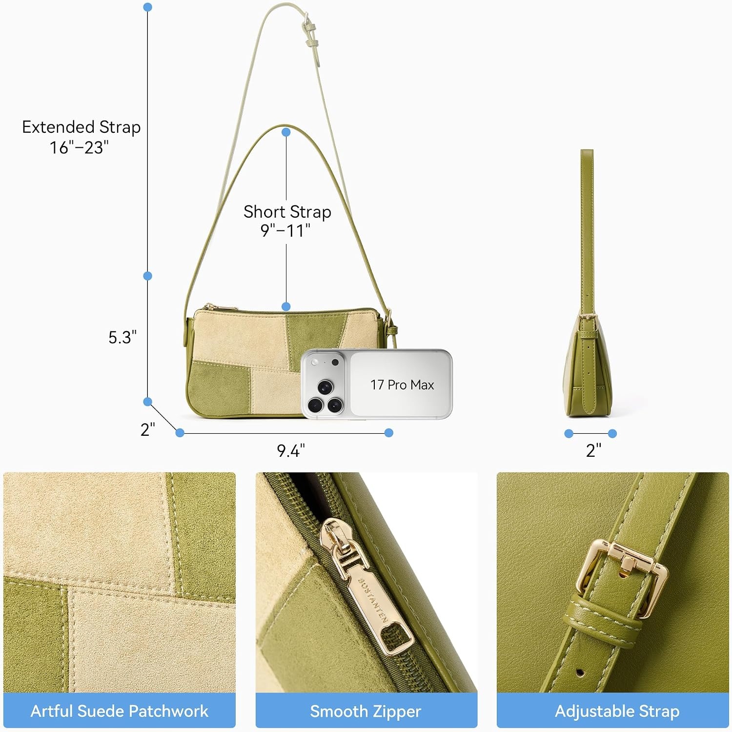 image:imageBOSTANTEN Patchwork Shoulder Bag for Women Y2K Small Purses Handbag  Soft Suede LeatherLightweightVintage StyleSmooth ZipperAdjustable Strapfor Weekends CommutingTurquoise Green