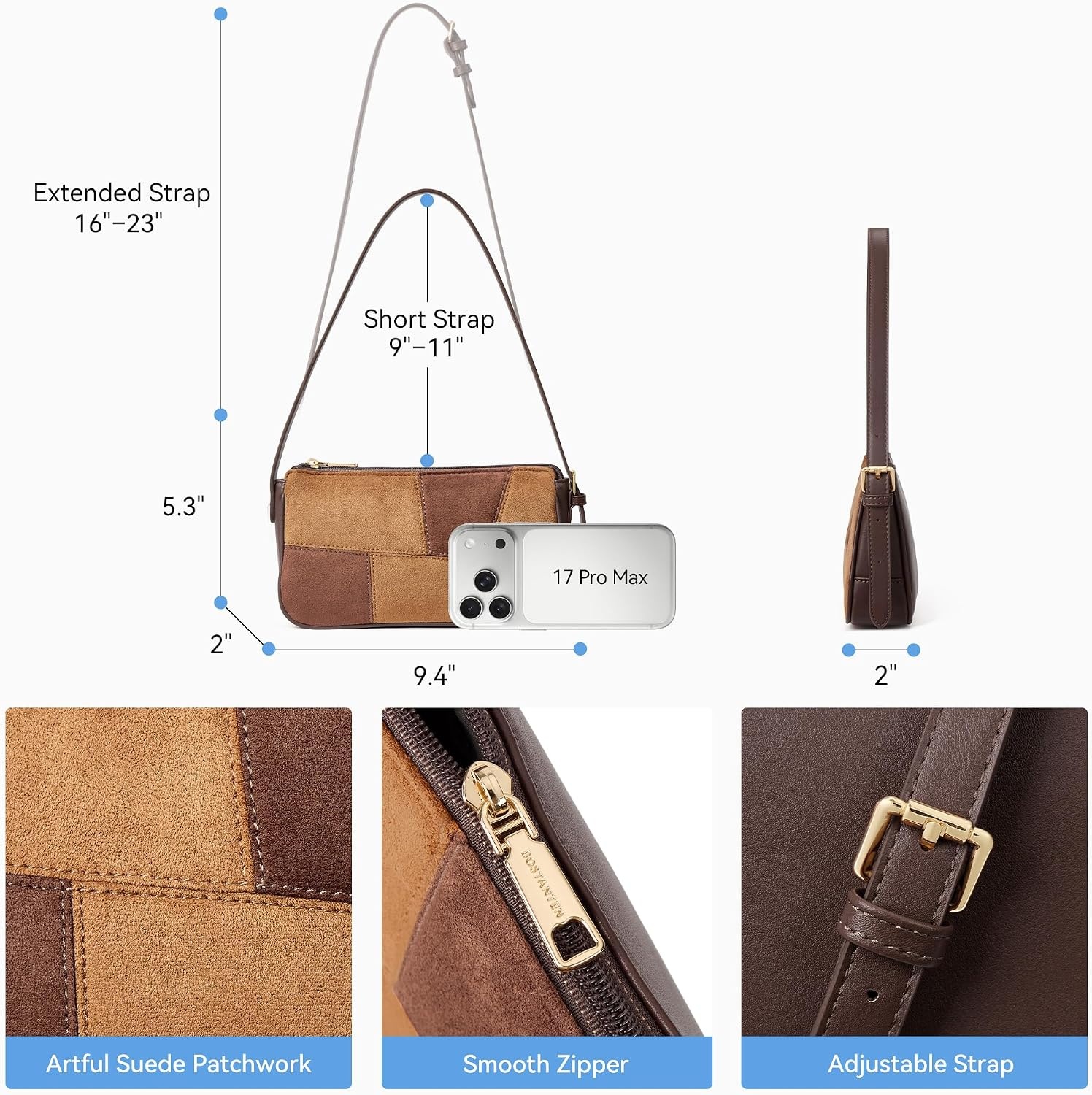 image:imageBOSTANTEN Patchwork Shoulder Bag for Women Y2K Small Purses Handbag  Soft Suede LeatherLightweightVintage StyleSmooth ZipperAdjustable Strapfor Weekends CommutingBrown With Coffee