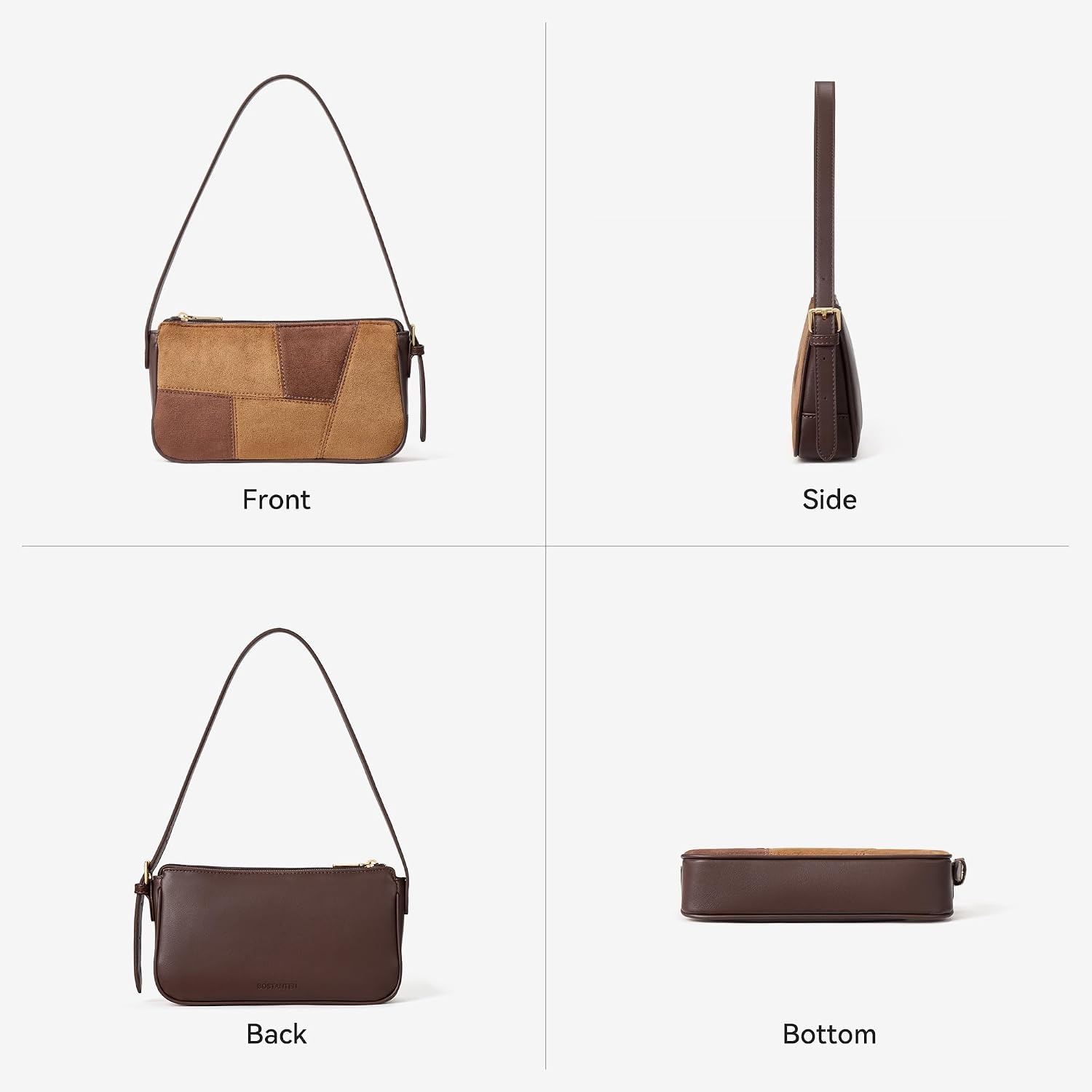 image:imageBOSTANTEN Patchwork Shoulder Bag for Women Y2K Small Purses Handbag  Soft Suede LeatherLightweightVintage StyleSmooth ZipperAdjustable Strapfor Weekends CommutingBrown With Coffee