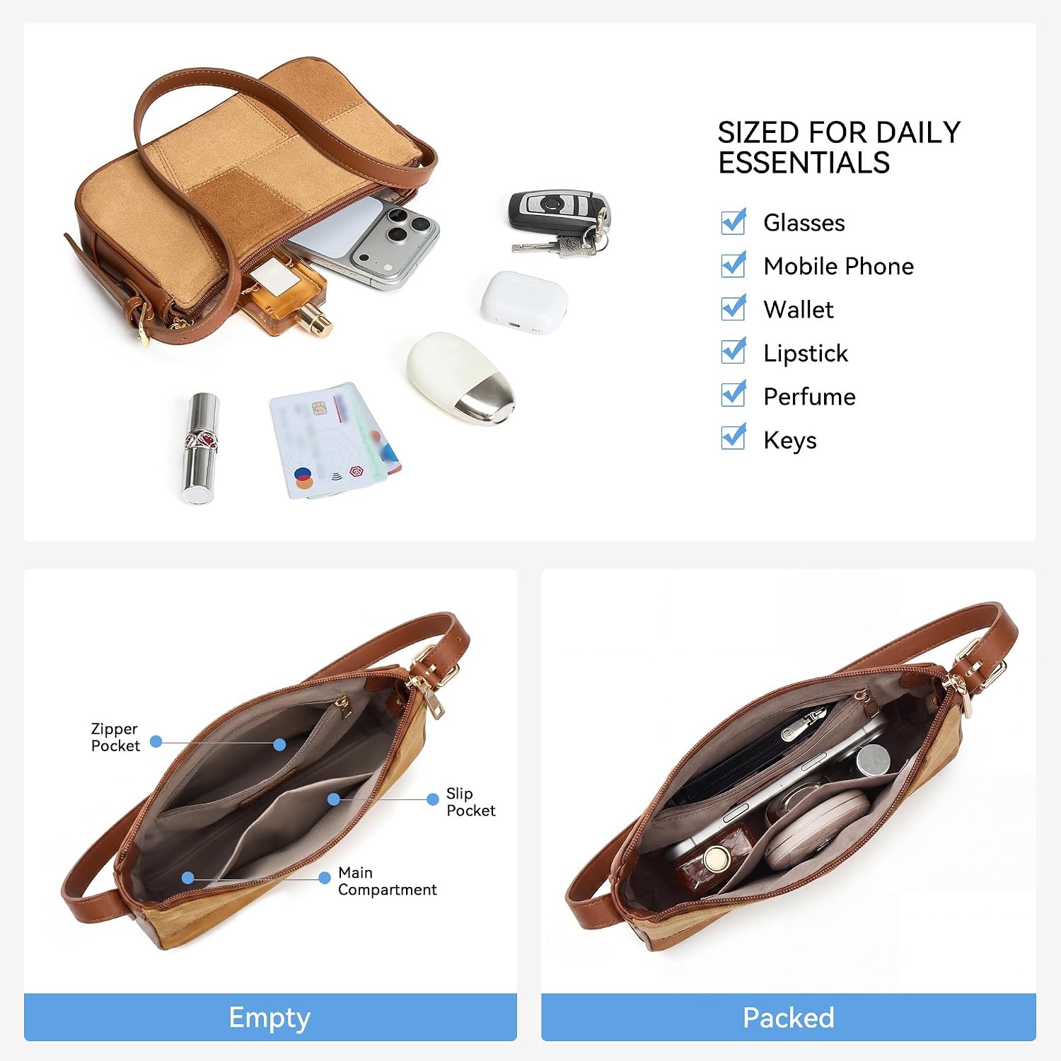 image:imageBOSTANTEN Patchwork Shoulder Bag for Women Y2K Small Purses Handbag  Soft Suede LeatherLightweightVintage StyleSmooth ZipperAdjustable Strapfor Weekends CommutingApricot With Brown